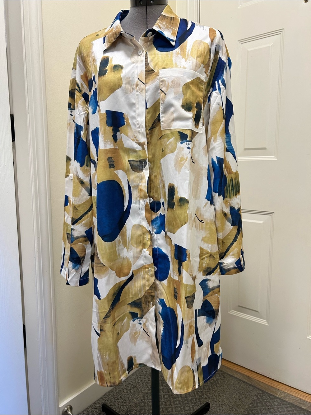 Leaf Print Long Sleeve Women’s 100% polyester Button Down Shirt size XL